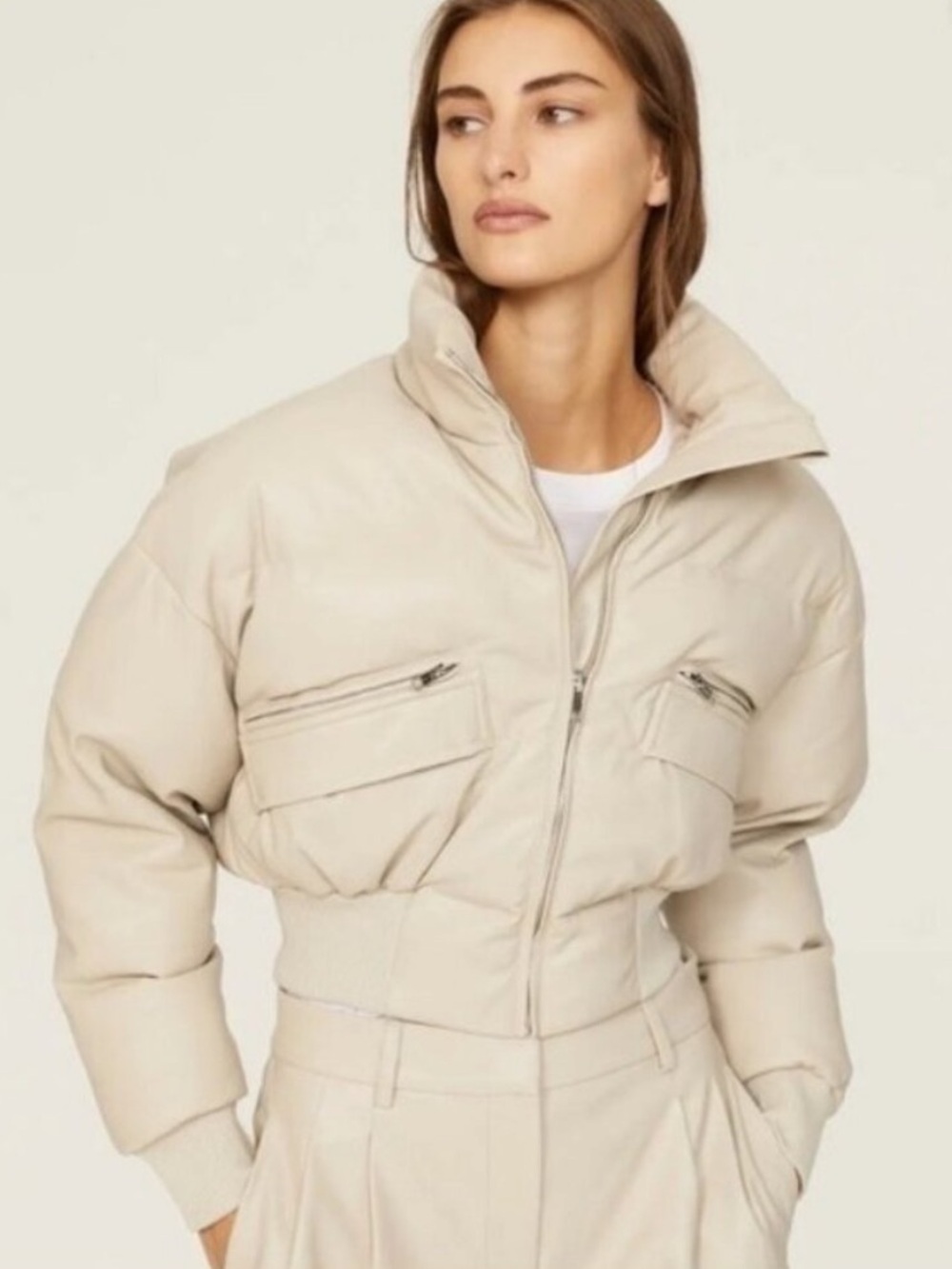 Saunders Collective Faux Leather Cream Puffer Jacket size medium